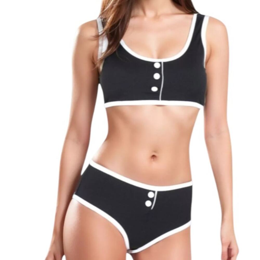Black White Contrast Trim Ribbed High-Waisted Bikini Swim Commense Size L - NWT